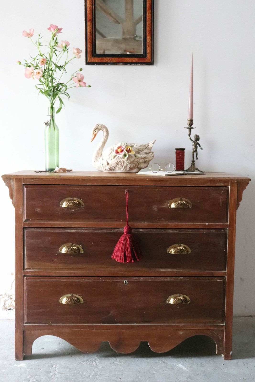 Stripped Pine Three Drawer Washstand Or Chest Of Drawers With Distressed Finish And Brass Cup Handles photo furniture