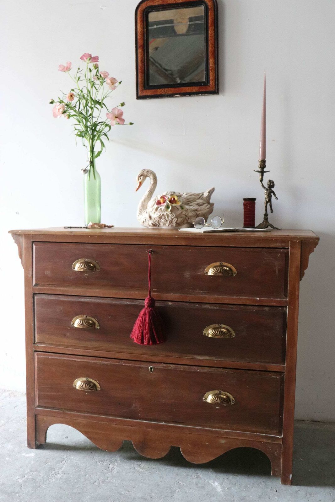 Stripped Pine Three Drawer Washstand Or Chest Of Drawers With Distressed Finish And Brass Cup Handles photo Furniture
