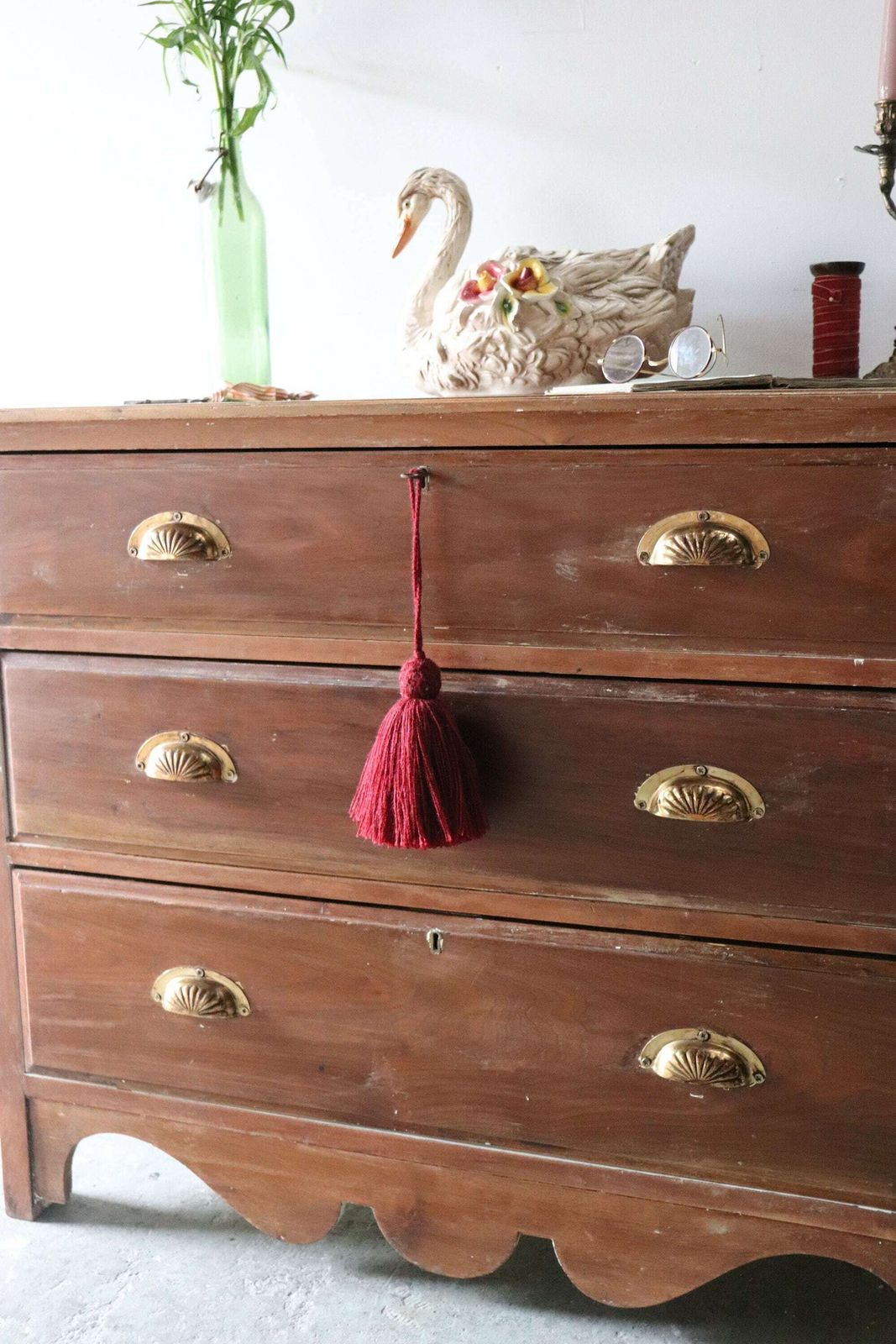 Stripped Pine Three Drawer Washstand Or Chest Of Drawers With Distressed Finish And Brass Cup Handles photo 595.0