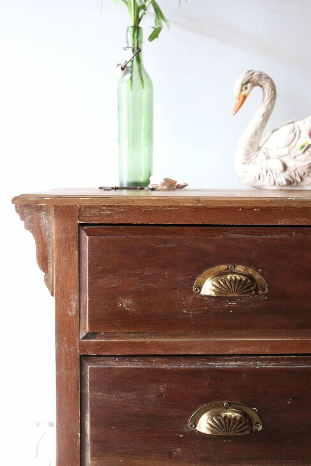 Stripped Pine Three Drawer Washstand Or Chest Of Drawers With Distressed Finish And Brass Cup Handles photo vinterior