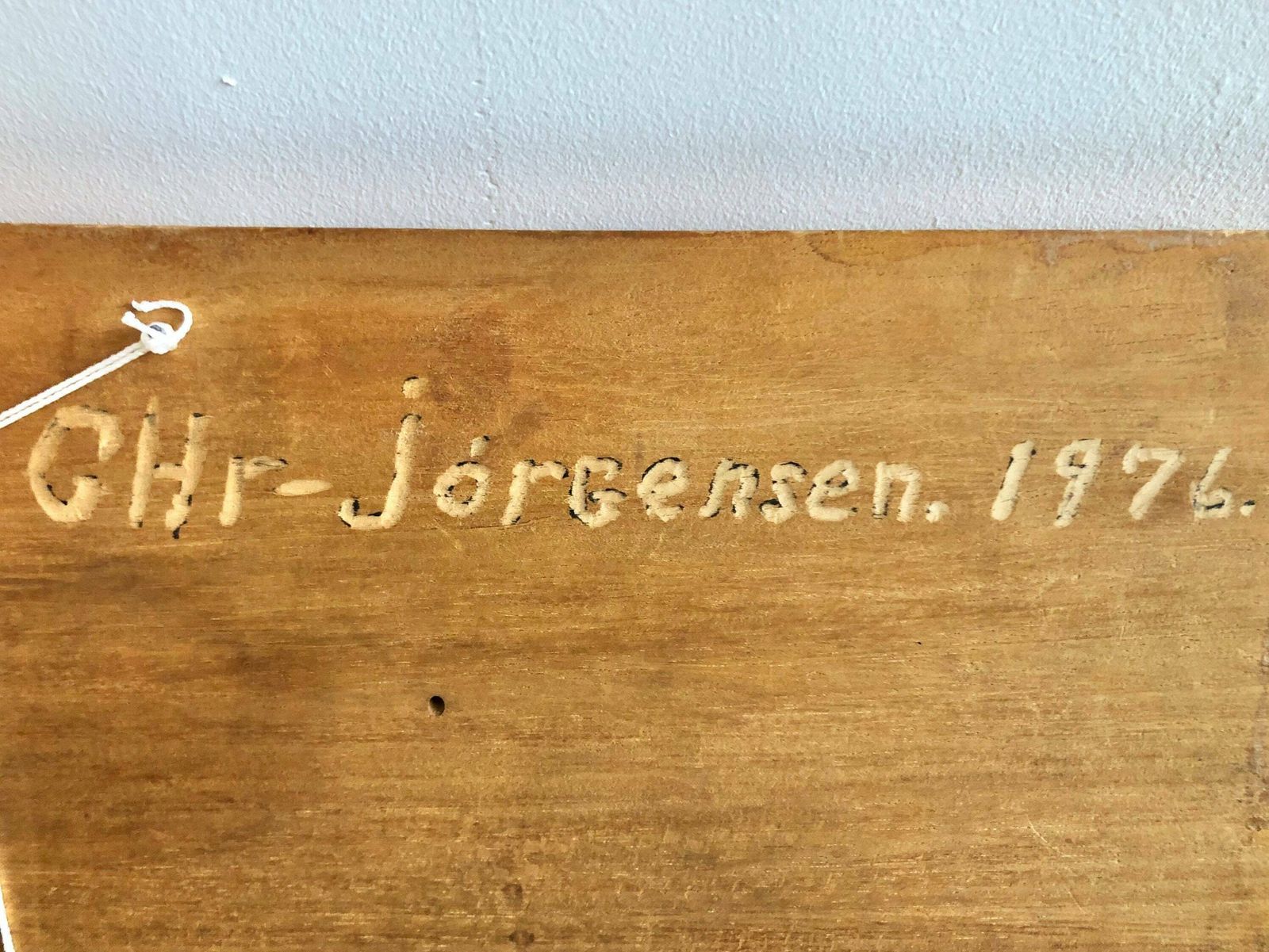 Vintage Woodcut Relief From 1976 By Danish Artist Chr. Jørgensen With Motive Of Cabins And A Boat At A Lake photo 217.0