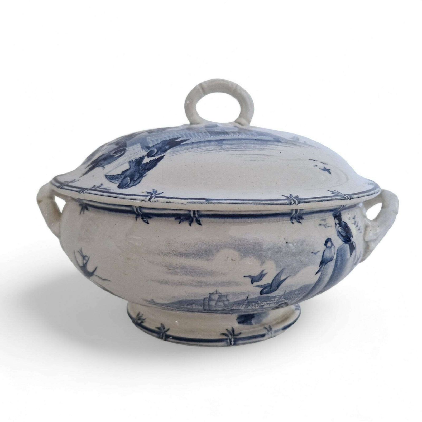 Antique French Blue Transferware Soup Tureen By Gien In Vol D'oiseaux Pattern, 19th Century Ceramic Serving Dish