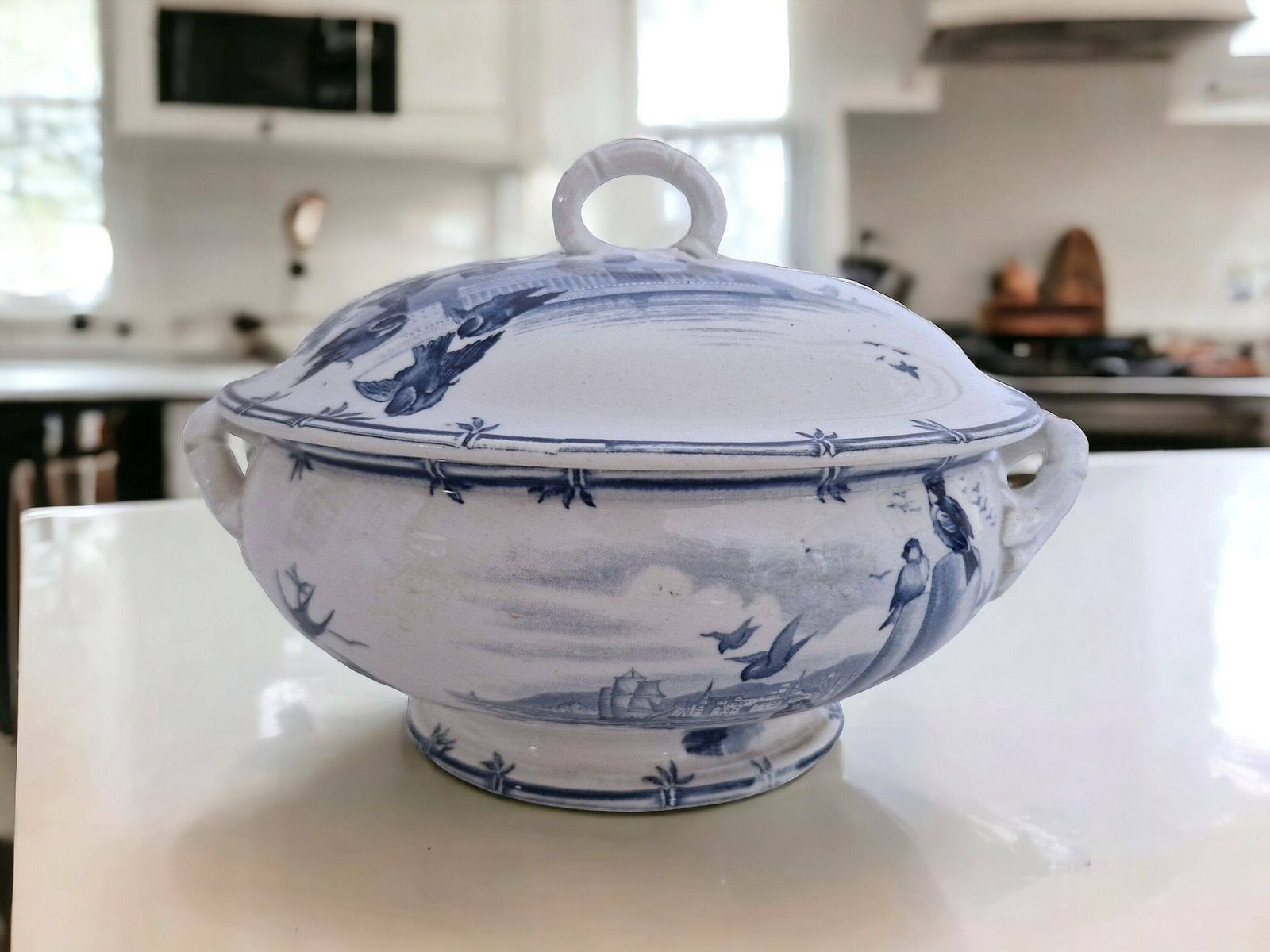 Antique French Blue Transferware Soup Tureen By Gien In Vol D'oiseaux Pattern, 19th Century Ceramic Serving Dish photo furniture