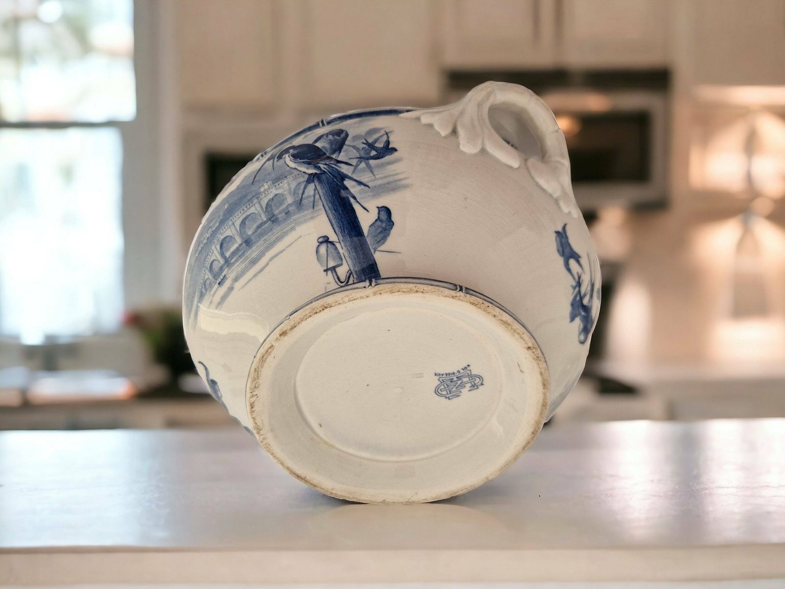 photo for sale Antique French Blue Transferware Soup Tureen By Gien In Vol D'oiseaux Pattern, 19th Century Ceramic Serving Dish