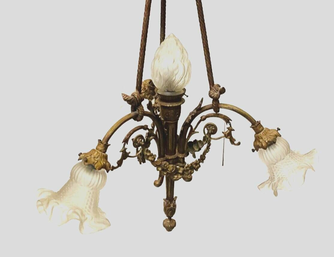 Louis XVI Style Chandelier In Bronze And Frosted Glass 20th Century photo Lighting