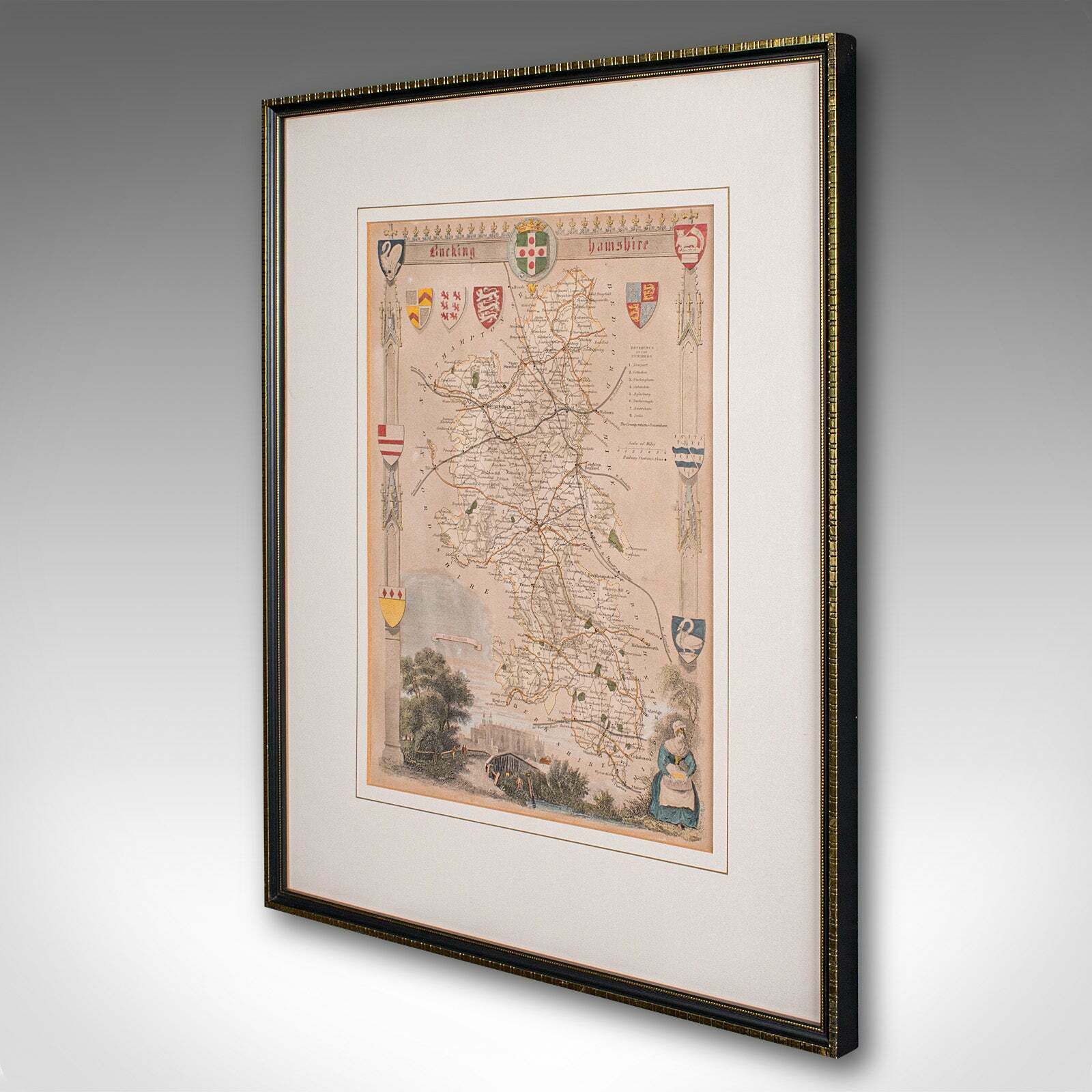 Antique Lithography Map, Buckinghamshire, English, Framed Cartography, Victorian photo for sale