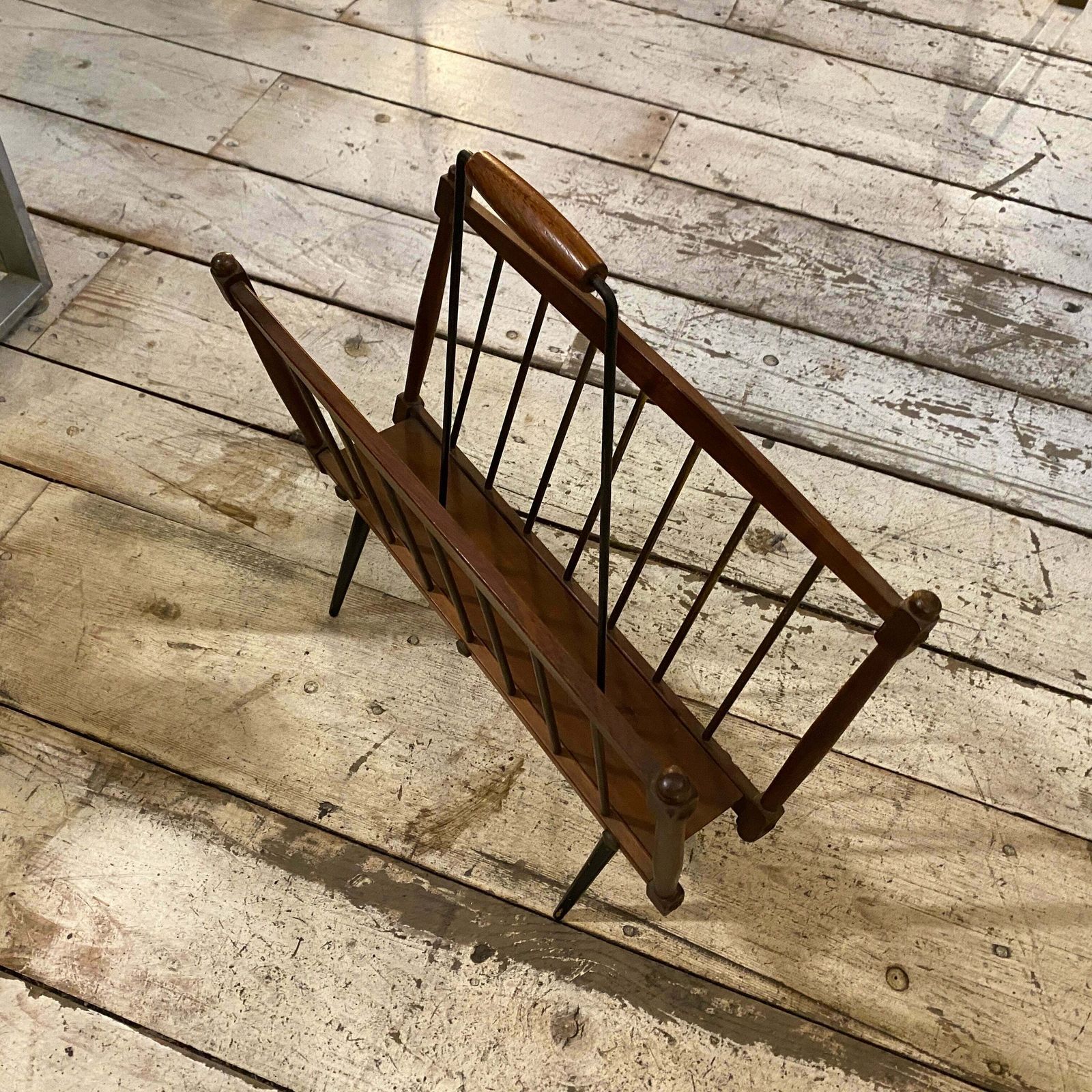 1960s Mid Century Modern Teak And Black Painted Iron Italian Magazine Stand photo furniture