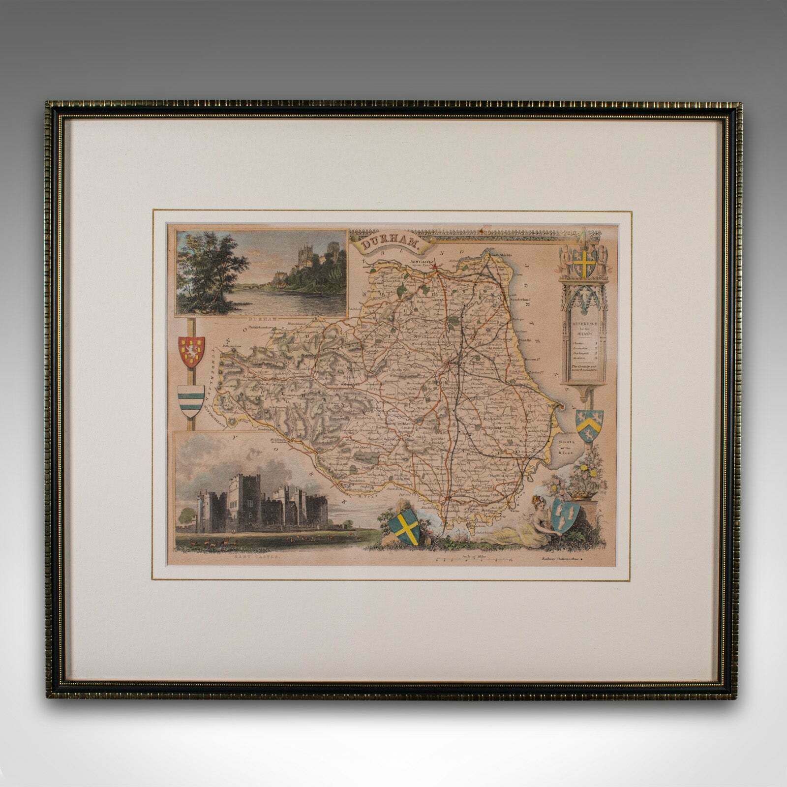 Antique Lithography Map, County Durham, English, Framed Cartography, Victorian photo furniture