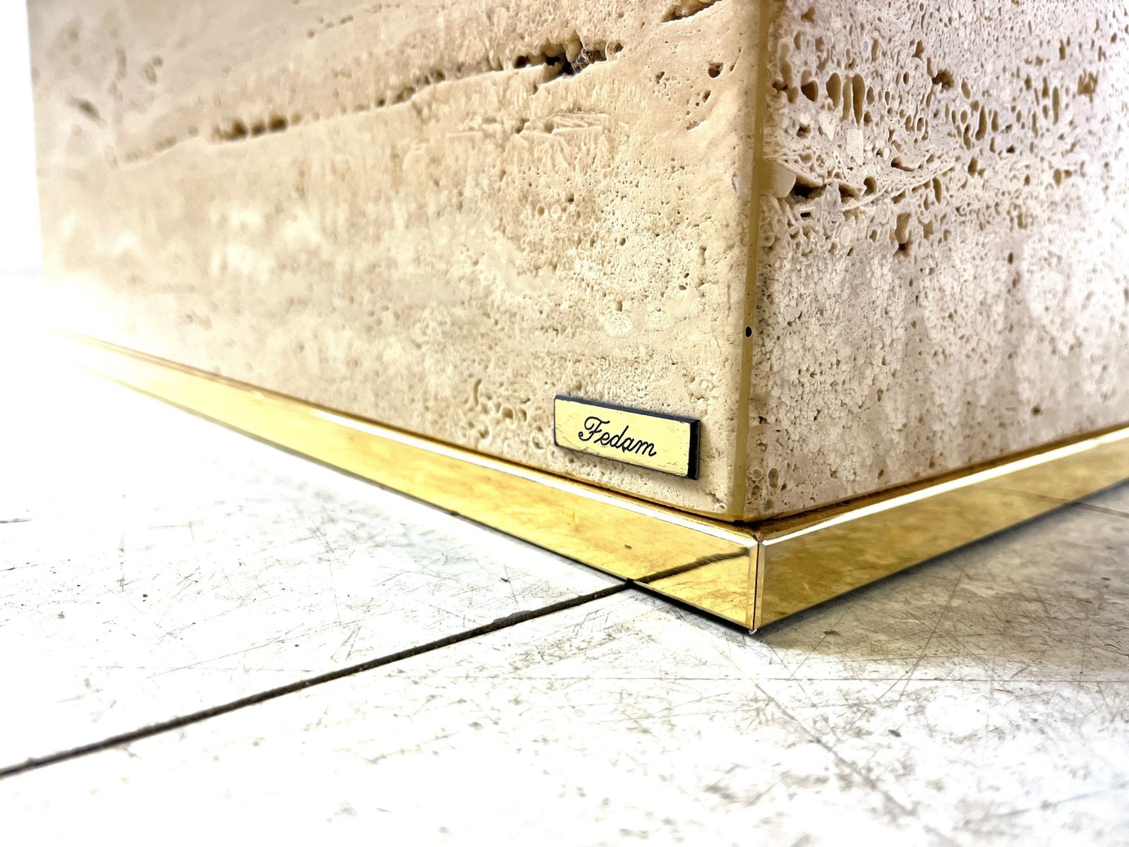 Vintage Travertine And Brass Coffee Table By Fedam, 1970s photo for sale