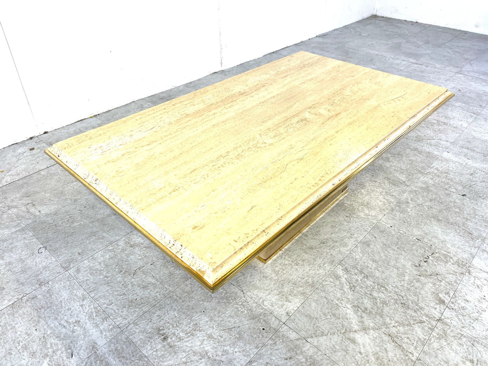 Vintage Travertine And Brass Coffee Table By Fedam, 1970s photo vintage