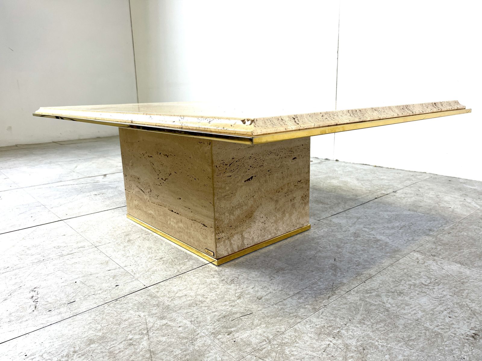 photo furniture Vintage Travertine And Brass Coffee Table By Fedam, 1970s