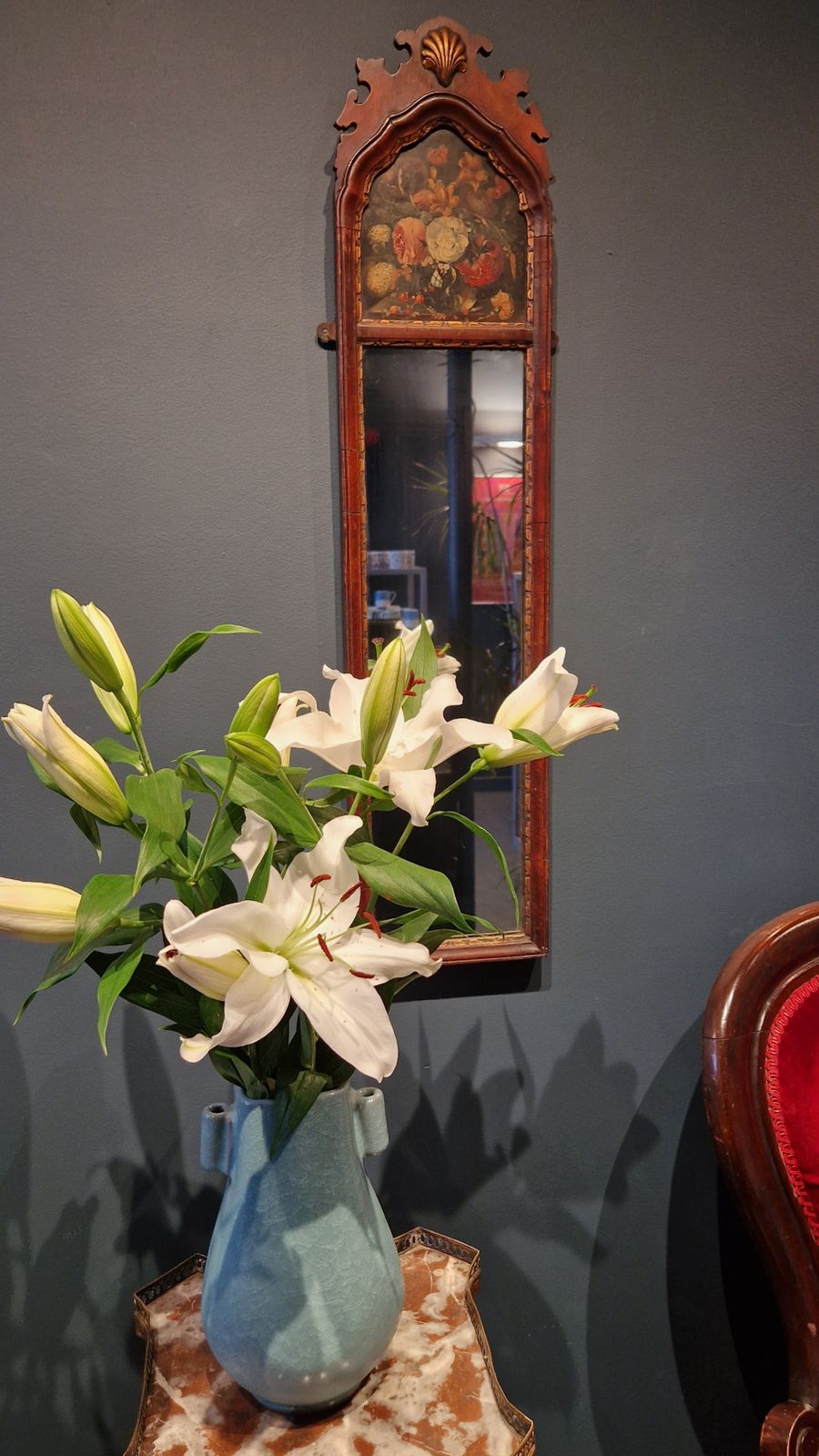 An Edwardian Mahogany And Painted Fretwork Mirror With A Painted Floral Panel