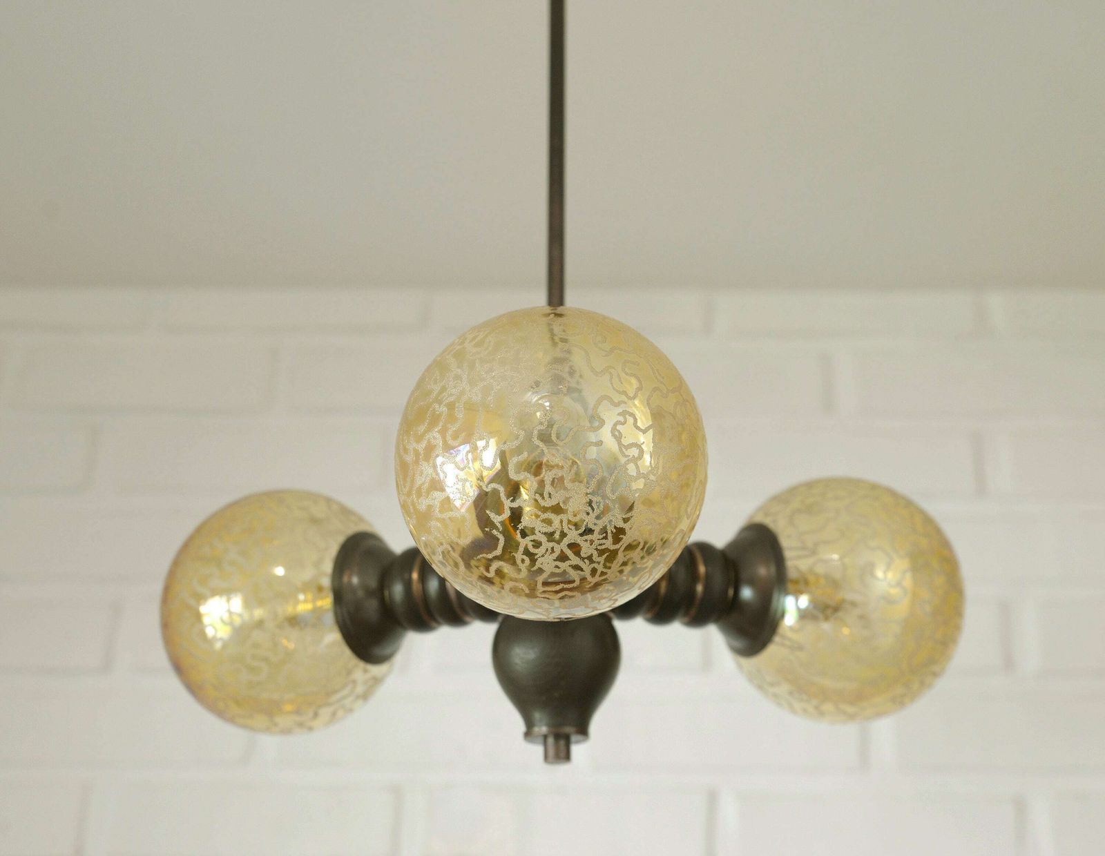Wooden Sputnik Chandelier / Vintage Pendant Lamp / Hanging Lamp / Ceiling Light / Mid Century Rustic / Yugoslavia 1970's / Amber Glass photo vinterior