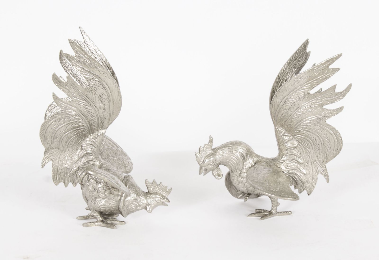 Antique Pair Italian Silver Plated Fighting Cockerels  20th C
