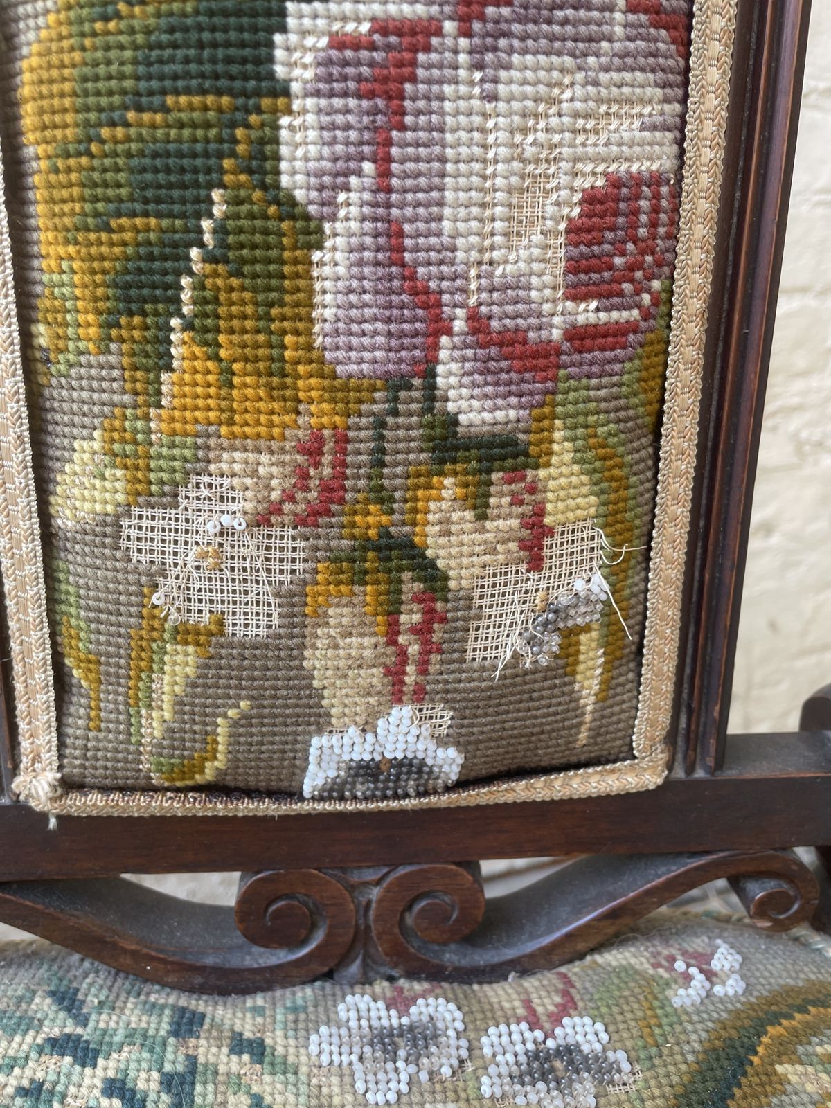 19th Mahogany Hall Chair With Embroidered  Upholstery photo furniture
