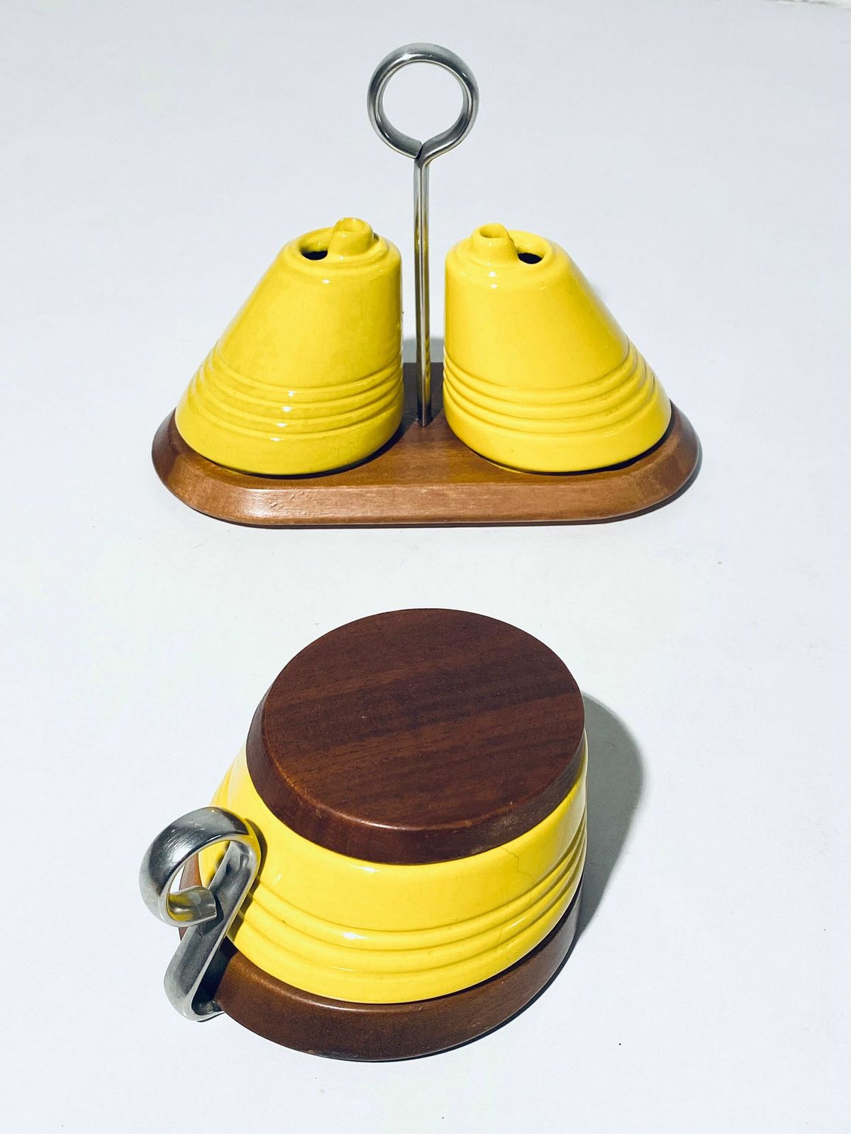 Alvar Aalto Artek Ceramic Salt & Pepper Shakers With Wooden Base / Vintage Mid Century Decor / Finland photo for sale