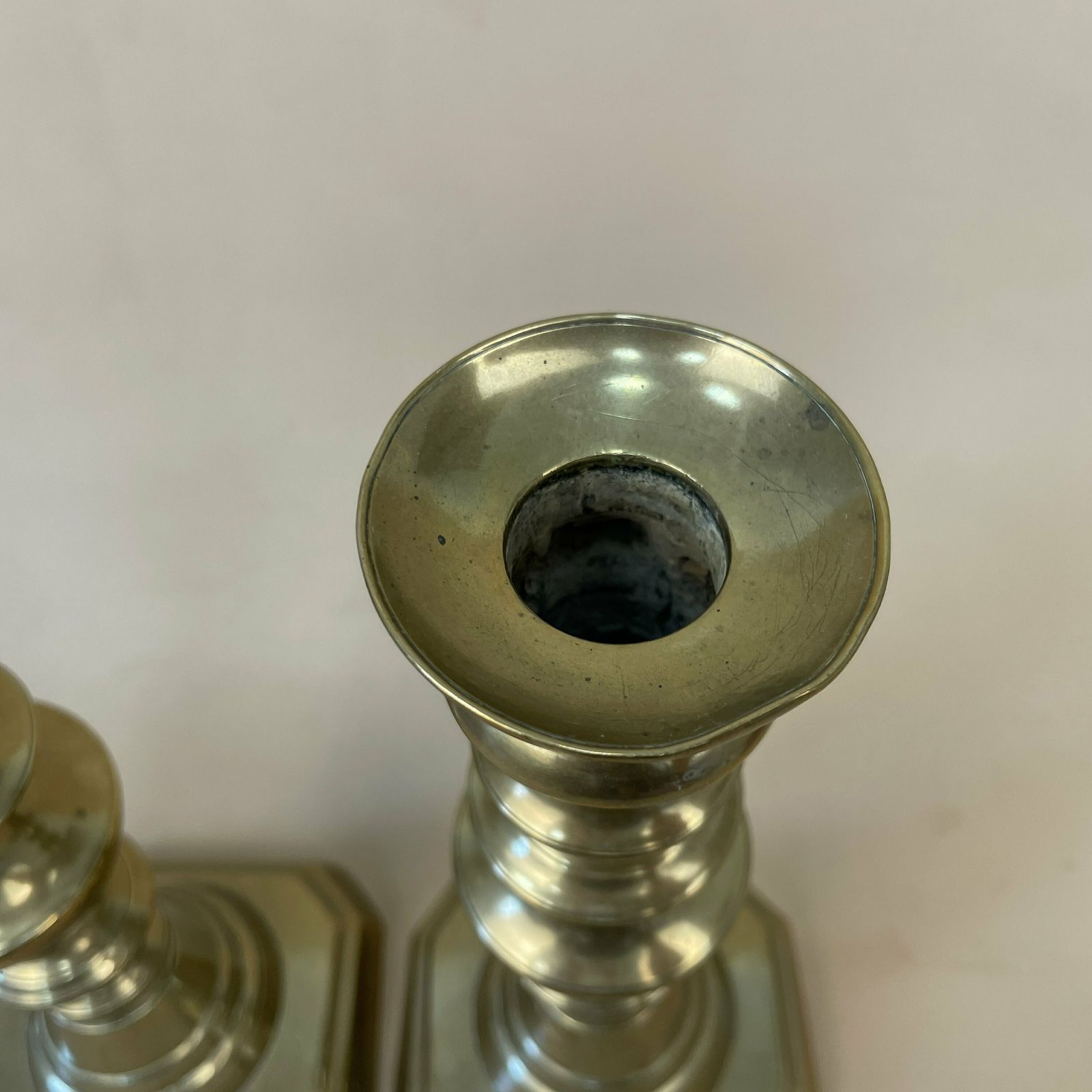 Antique Matching Pair Of Gold Brass Metal Candlestick Candle Stick Vintage Column Taper Dinner Candlesticks Square Base Column photo 55.0
