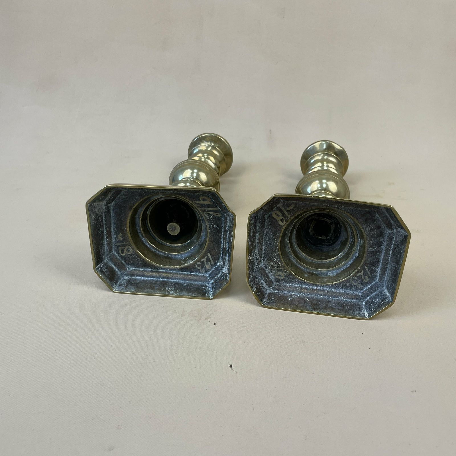Antique Matching Pair Of Gold Brass Metal Candlestick Candle Stick Vintage Column Taper Dinner Candlesticks Square Base Column photo buy