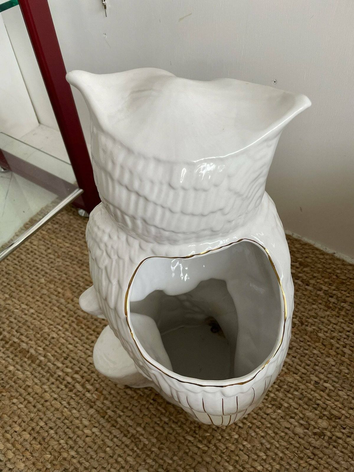 photo furniture Kitsch Large Ceramic Owl Umbrella Stand   White With Gold Accents, Hollywood Regency Style