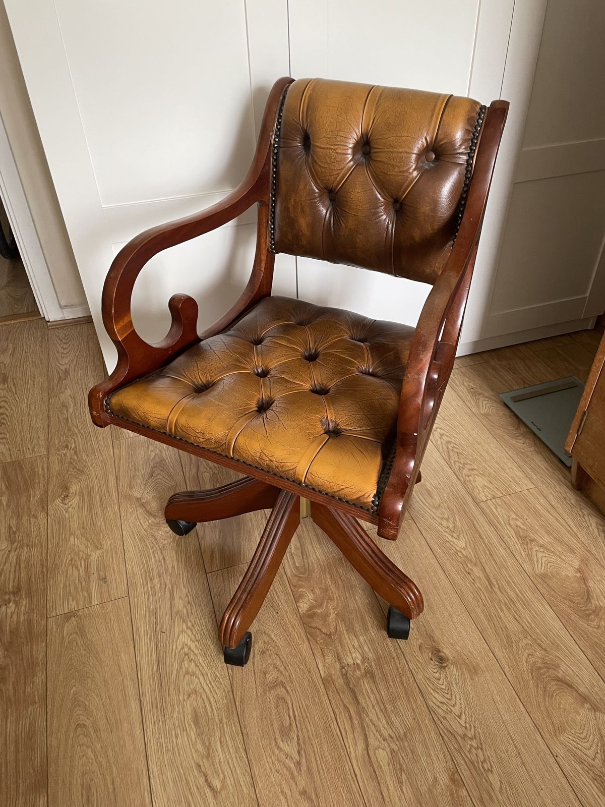 Captain's Wooden Swivel Chair, Embroidered With Leather Upholstery. photo Furniture