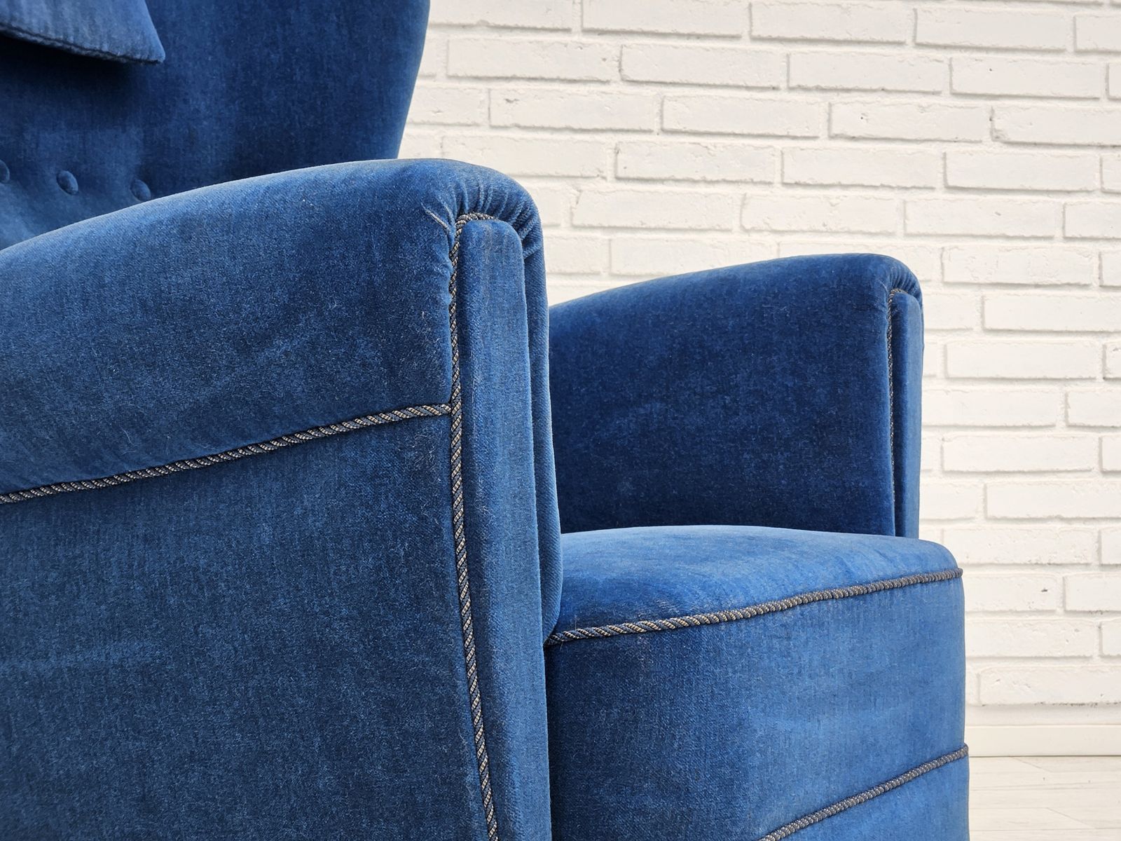 1960s, Danish Highback Relax Armchair, Original Condition, Blue Furniture Velour. photo furniture