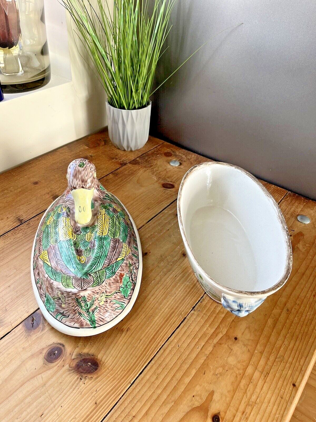 Art Large Chinese Porcelain Famille Verte Duck On Nest Lidded Tureen Foo Dog Dragon photo