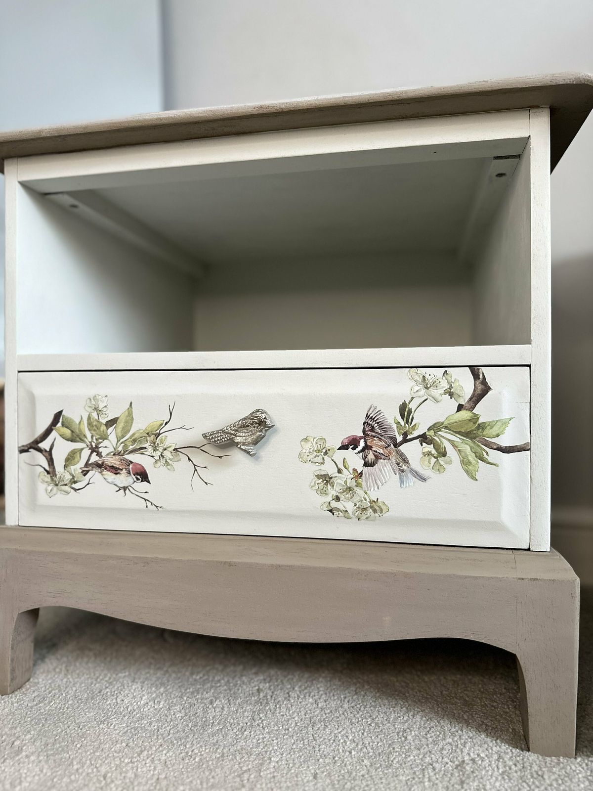 Set Of Bird Design Bedside Cabinets, Bedside Tables, Grey Cabinets, Hand Painted Drawers, Bedside Drawers, Stag Drawers, Upcycled photo Furniture