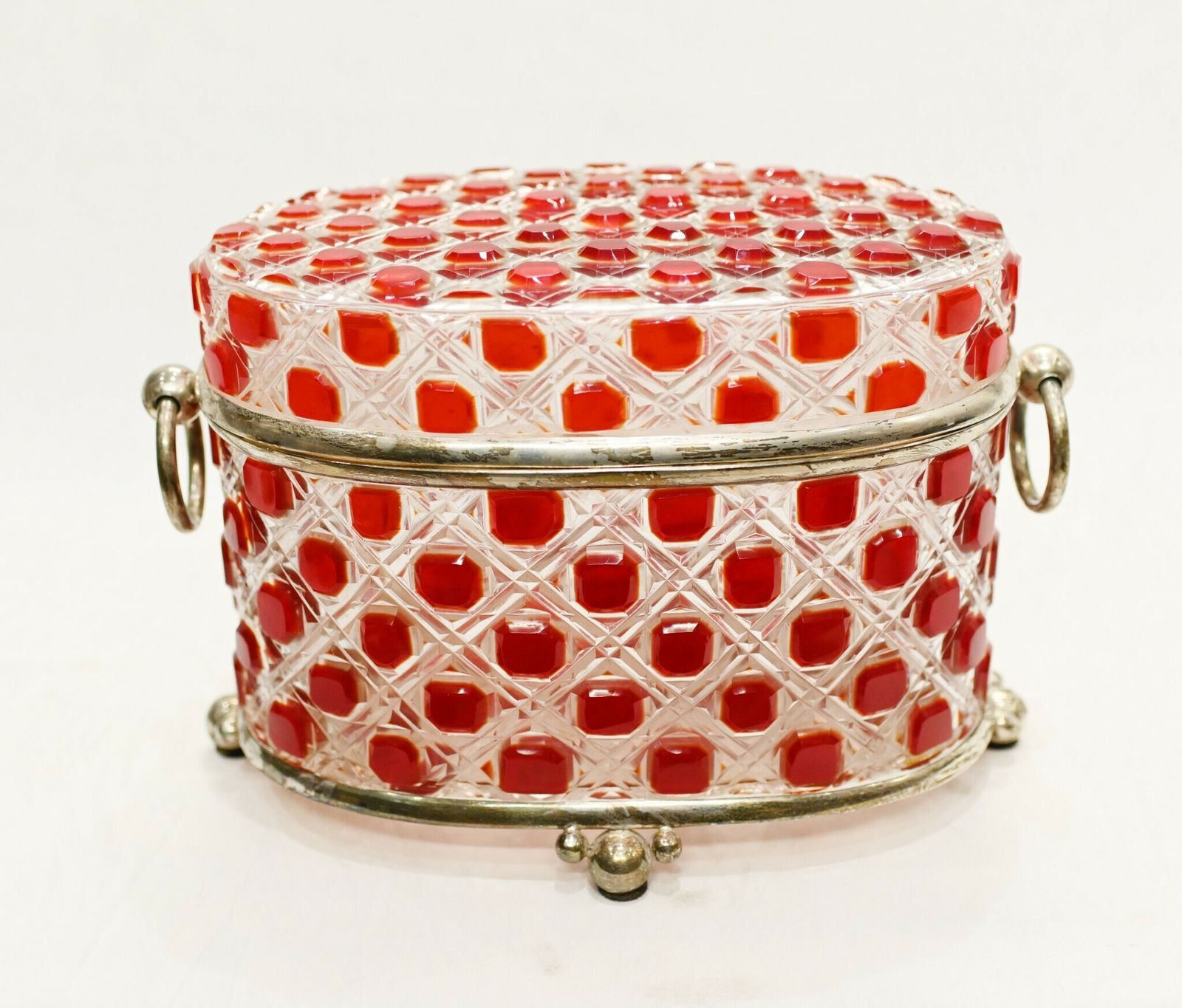 Victorian Glass Casket Hobnail Cranberry Crystal Jewellery Box photo vintage