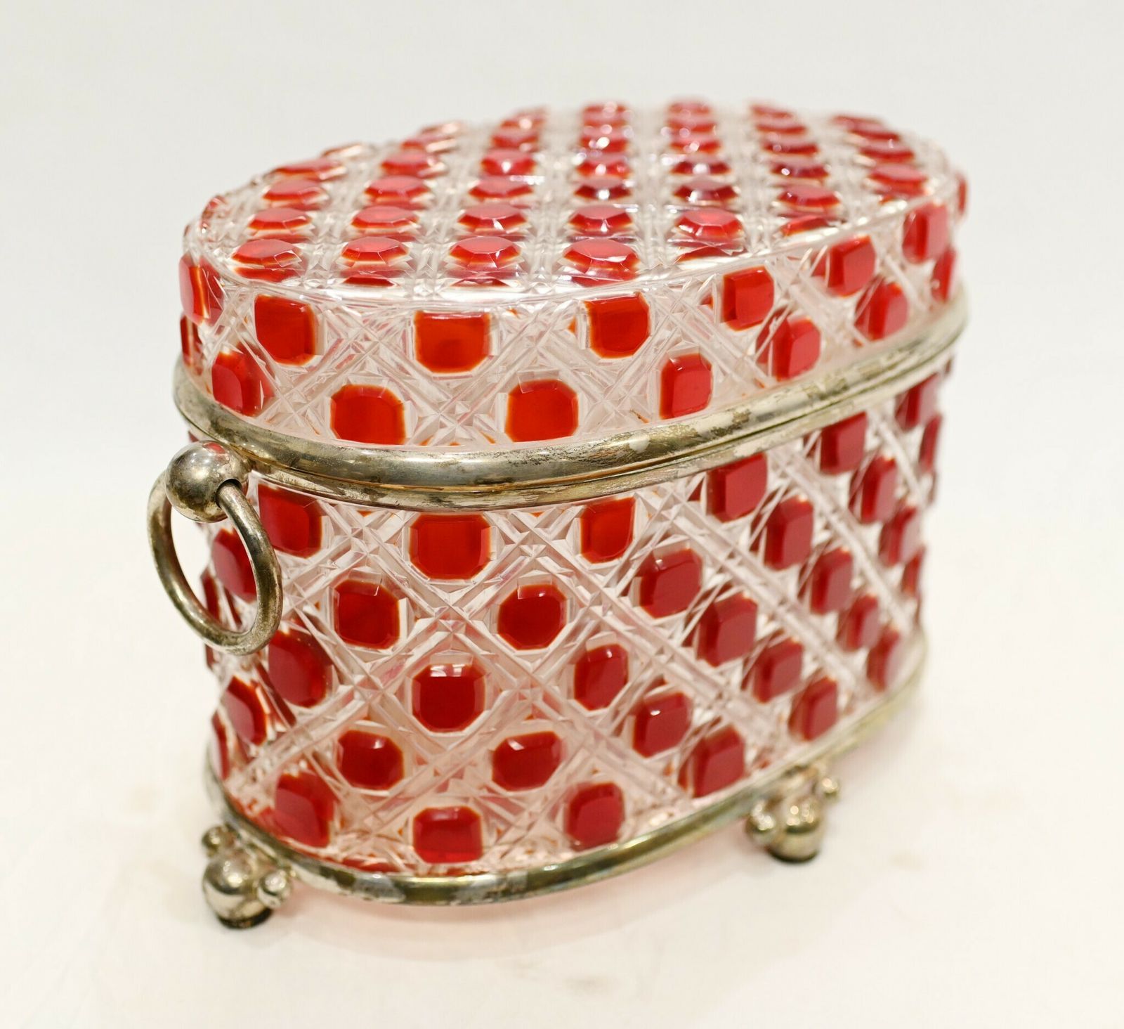 photo for sale Victorian Glass Casket Hobnail Cranberry Crystal Jewellery Box