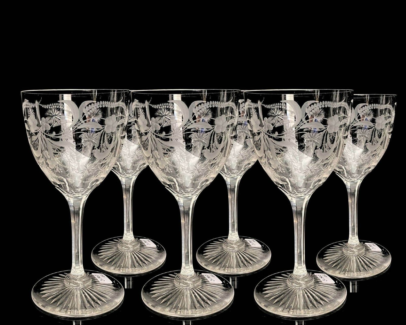 Art Nouveau Wine Glasses | 6 Or 12 Pcs | Edged Decorations | Facet Stem And Engraved Foot