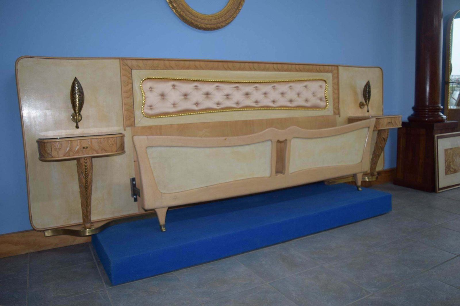 Italian Midcentury Bed With Night Stands In Parchment By Pierluigi Colli, 1950s photo for sale