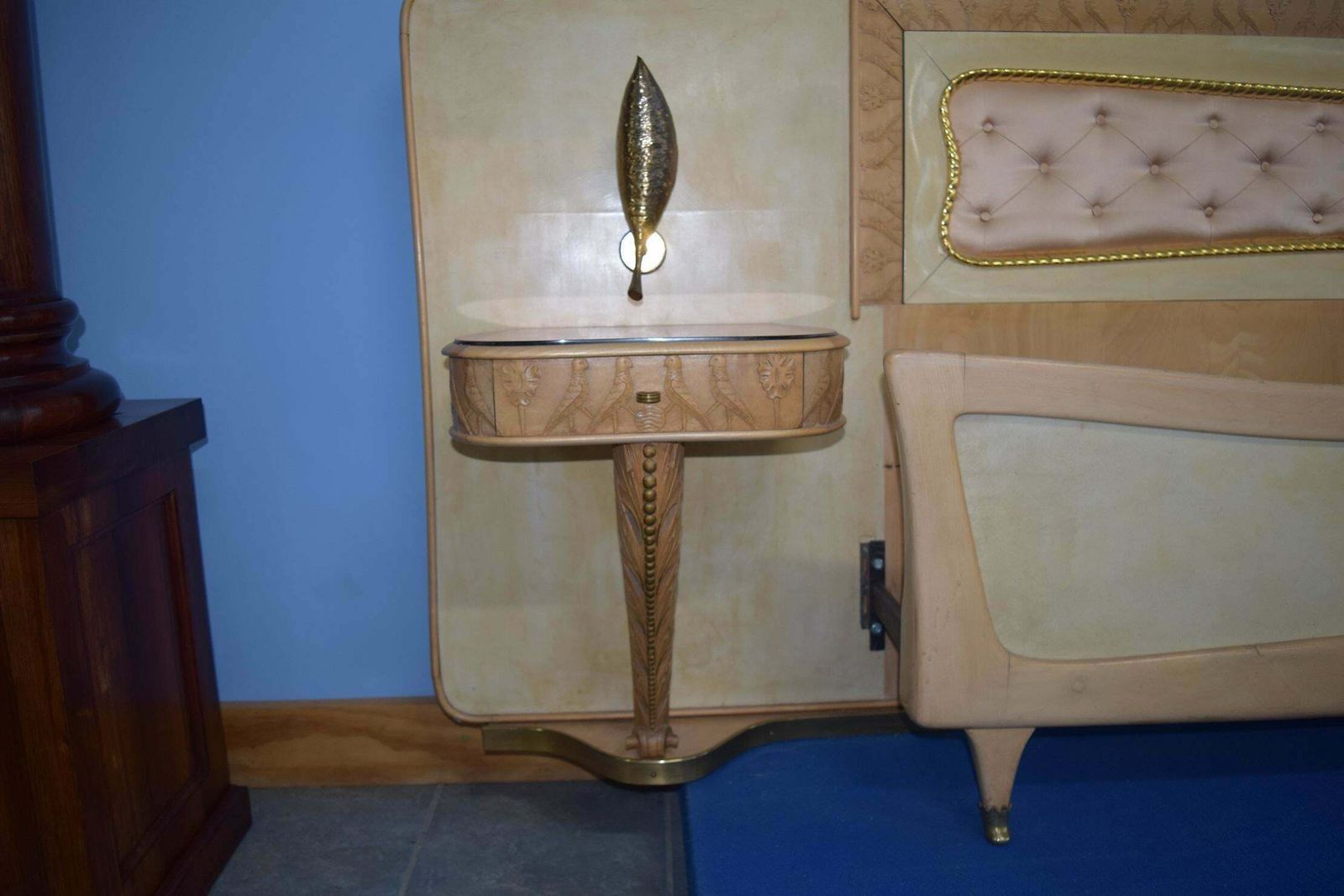 Italian Midcentury Bed With Night Stands In Parchment By Pierluigi Colli, 1950s photo Furniture
