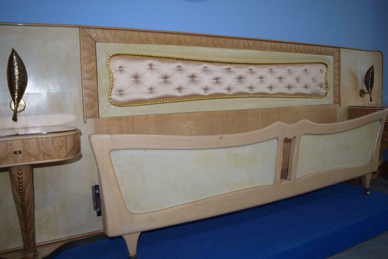 Italian Midcentury Bed With Night Stands In Parchment By Pierluigi Colli, 1950s photo 3494.0