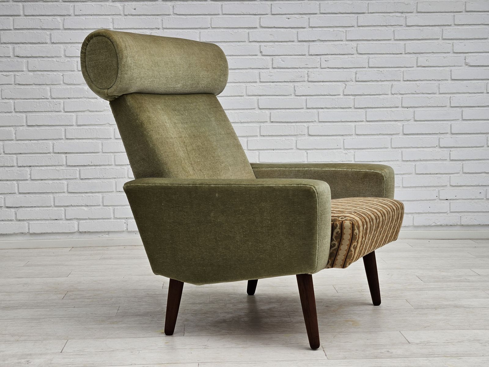 1970s, Danish Armchair, Original Condition, Furniture Velour, Woven Wool Fabric, Teakwood. photo furniture