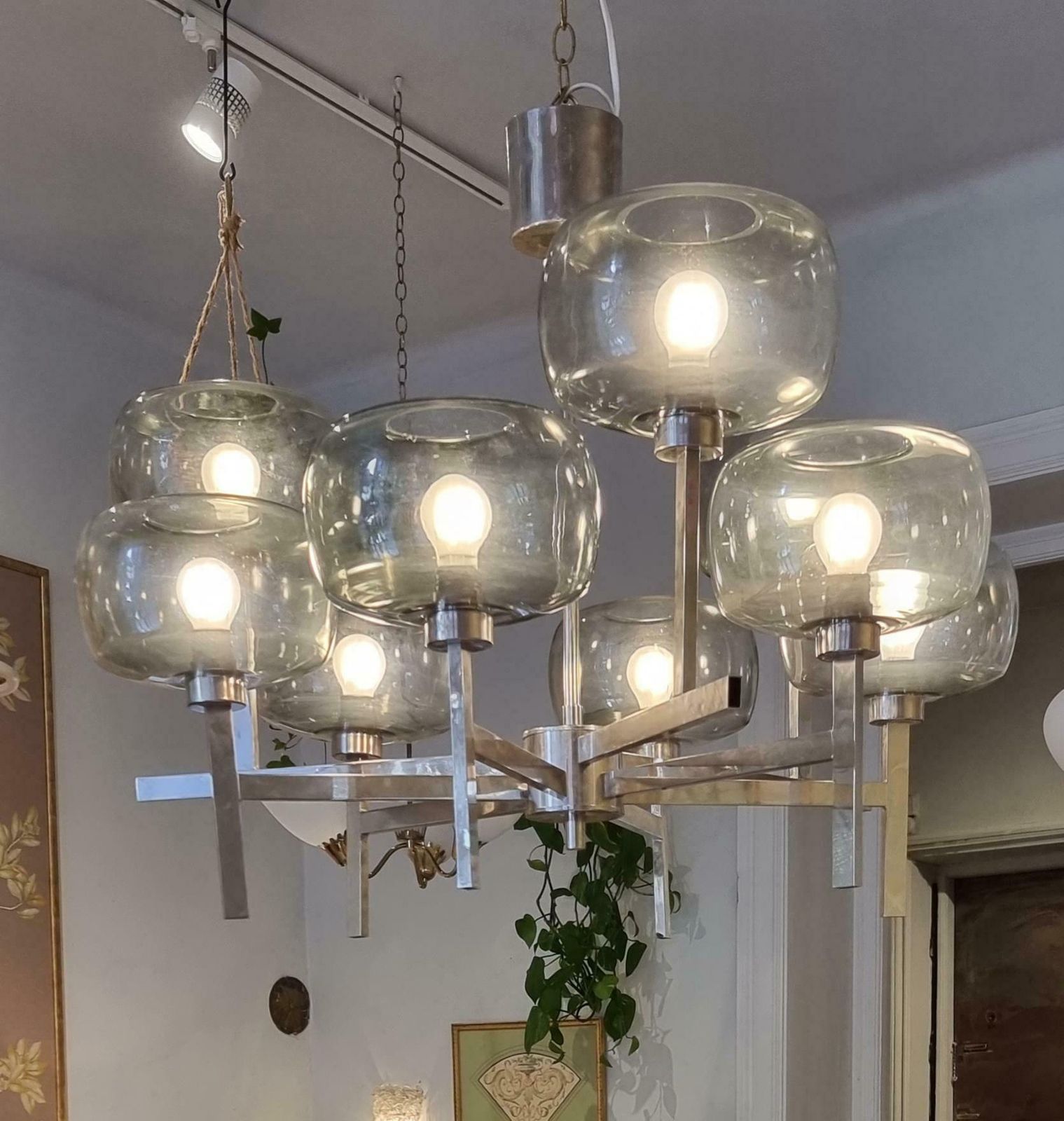Holger Johansson, Chandelier, Scandinavian Modern / Midcentury, Chrome & Glass photo furniture