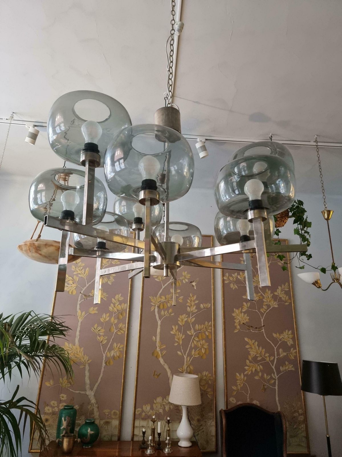 Holger Johansson, Chandelier, Scandinavian Modern / Midcentury, Chrome & Glass photo for sale