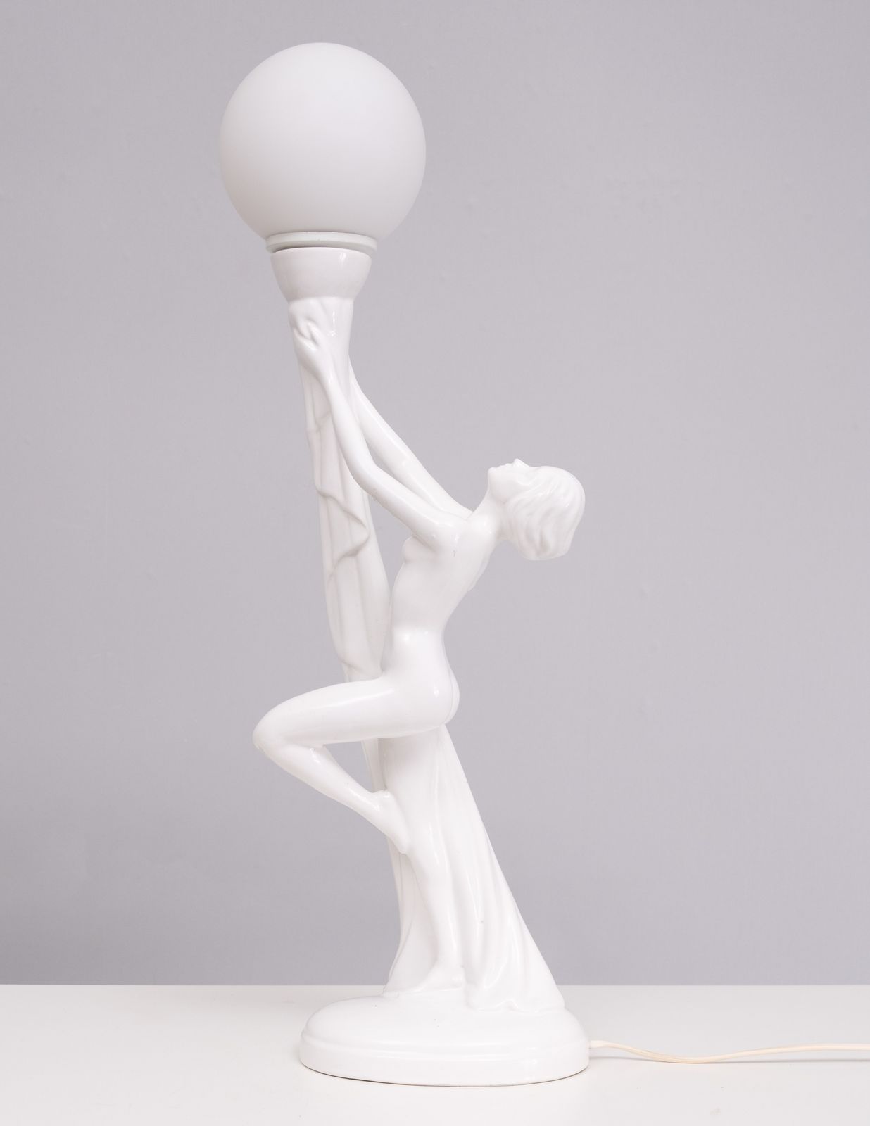 Art Deco White Ceramic Naked Woman Lamp Globe Italy 1970s photo for sale