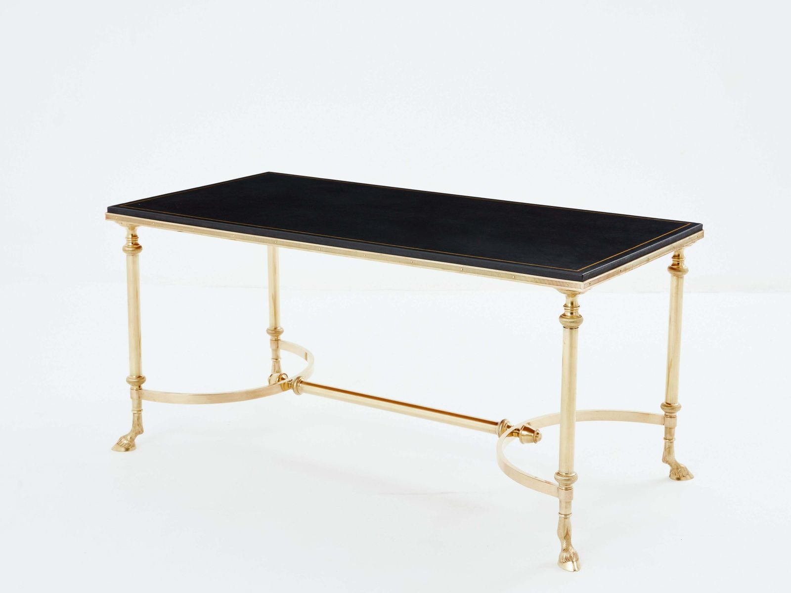 Table basse Maison Charles en laiton massif et cuir noir, années 1970 photo furniture