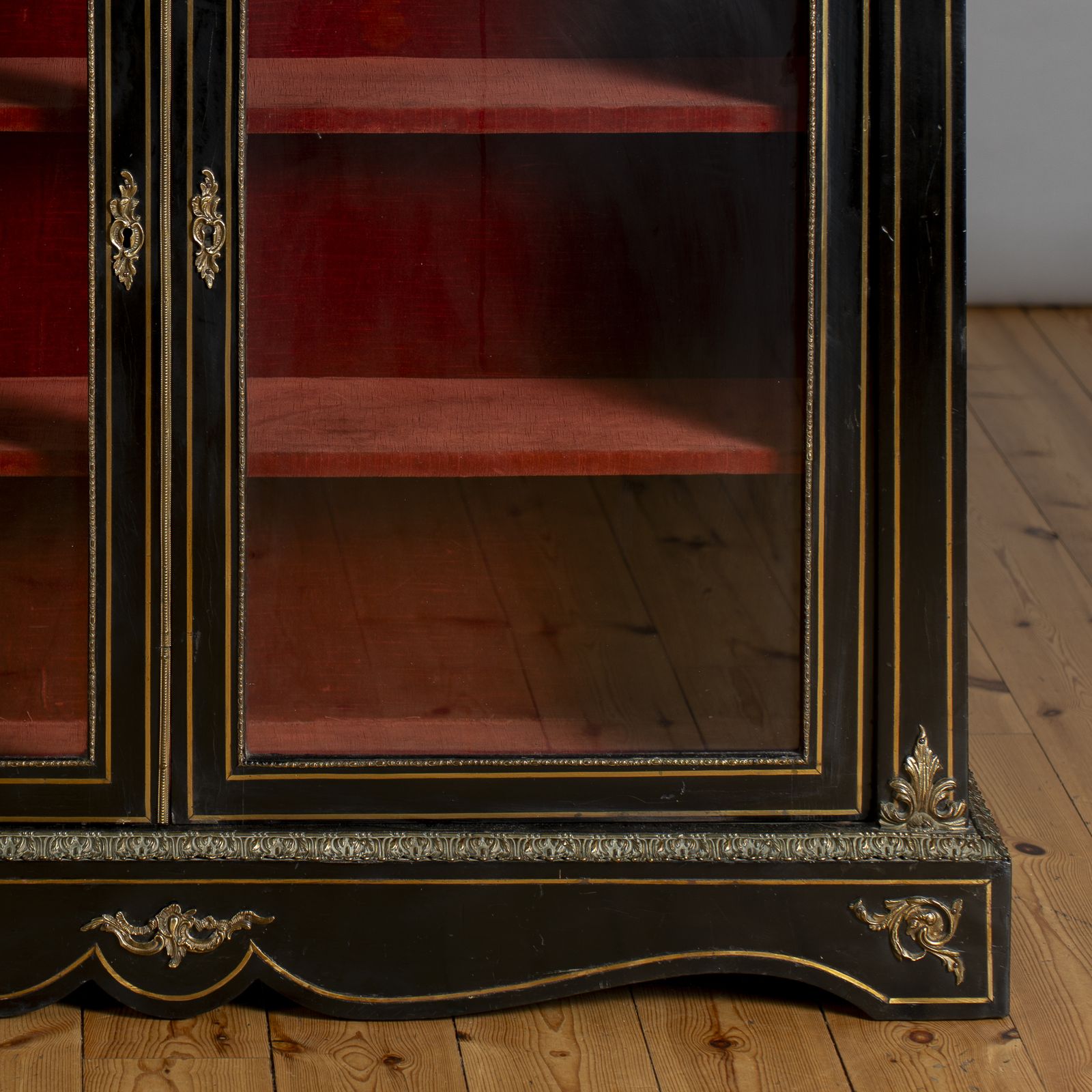 Victorian English Ebonised And Gilt Glazed Display Cabinet With Ormolu Mounts photo for sale