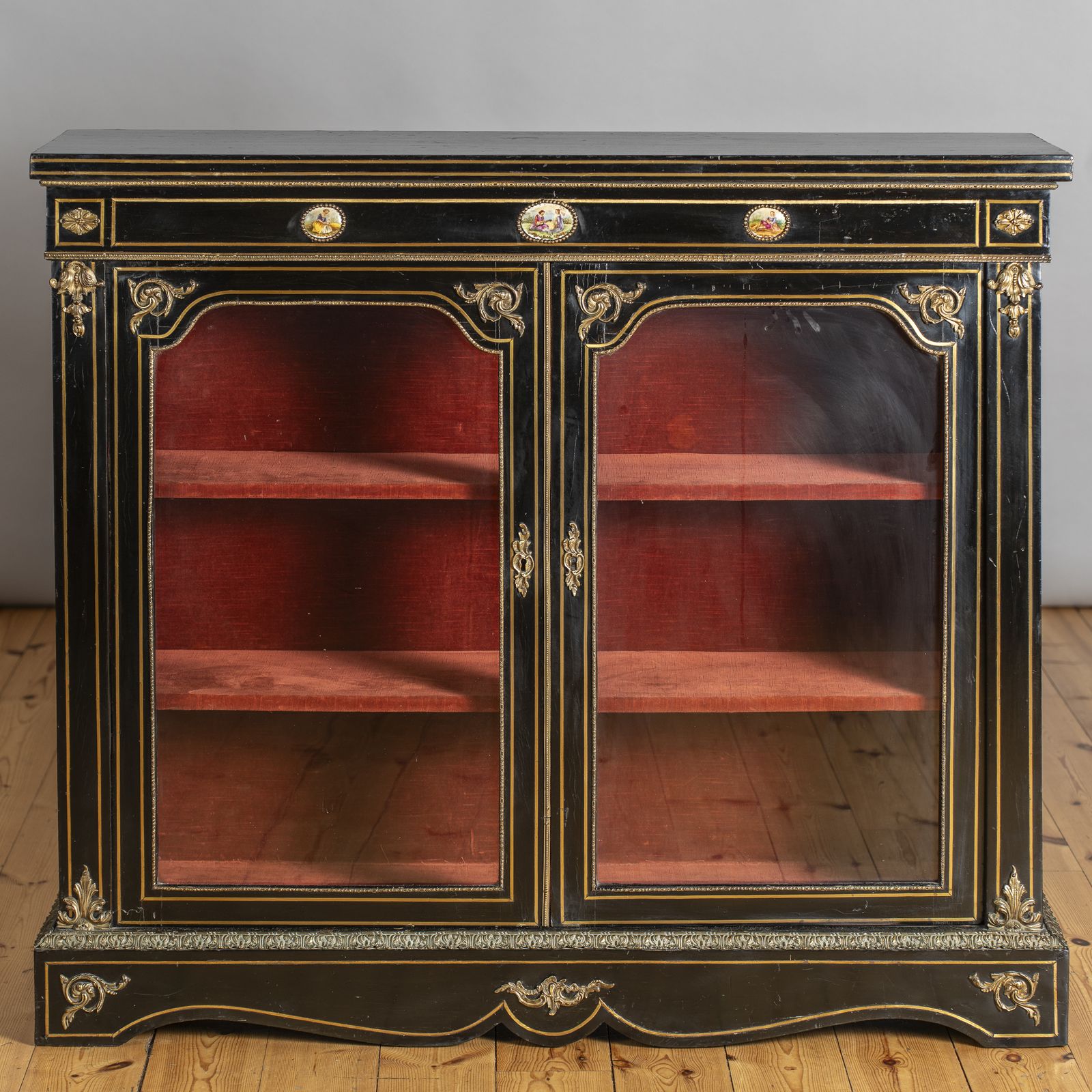 Victorian English Ebonised And Gilt Glazed Display Cabinet With Ormolu Mounts