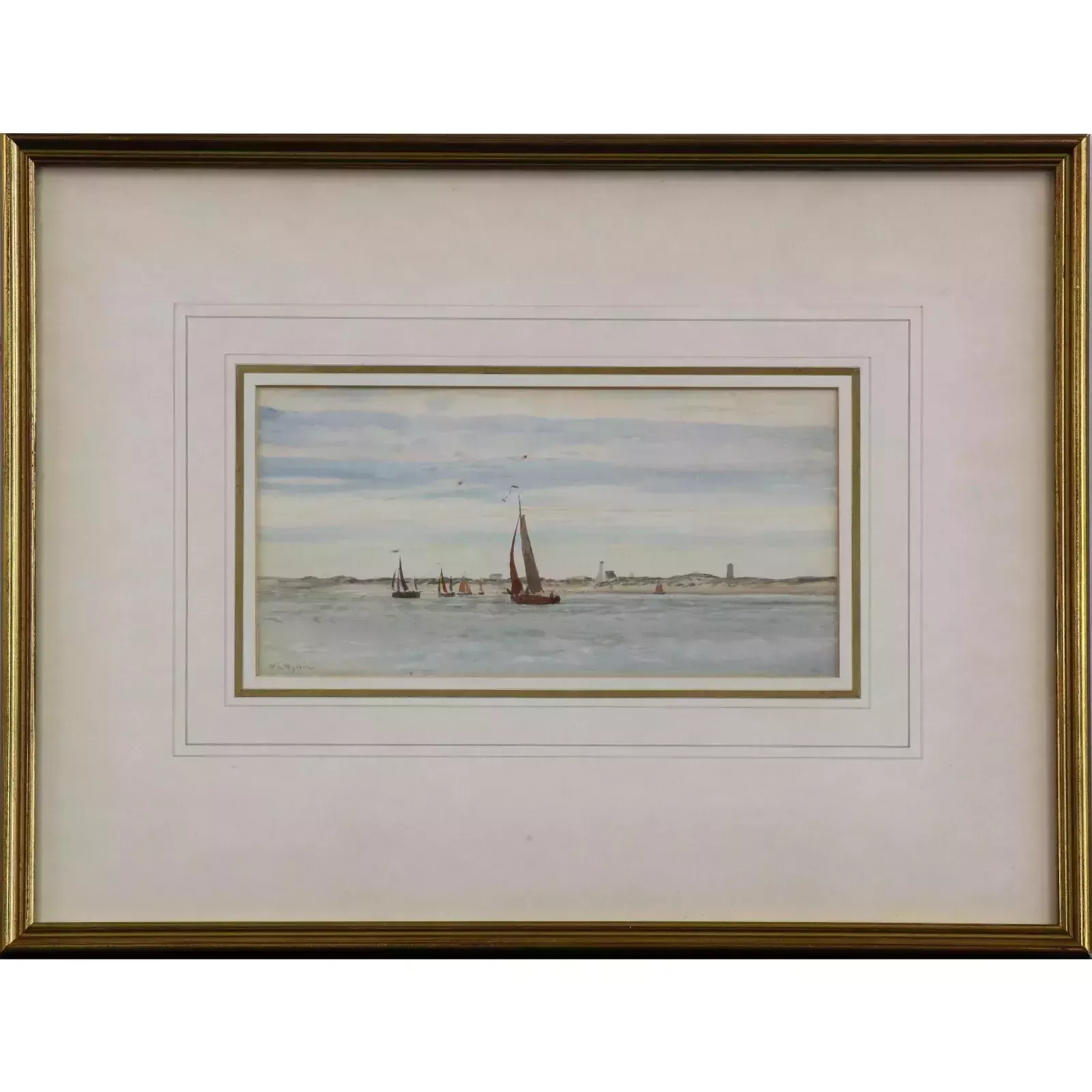 Watercolour By William Lionel Wyllie. Coastal Scene With Sailing Boats
