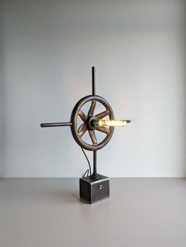 Vintage Industrial Ship's Wheel Gate Valve Upcycled Into Accent Table Lamp photo furniture