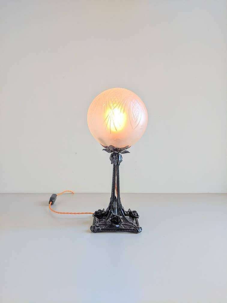 Beautiful Italian Handmade Metal Flower Base & Etched Glass Globe Shade Table Lamp