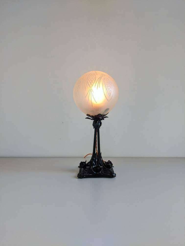Beautiful Italian Handmade Metal Flower Base & Etched Glass Globe Shade Table Lamp photo for sale