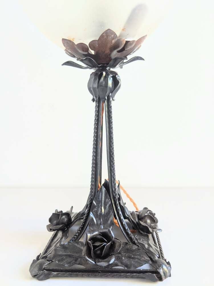 Beautiful Italian Handmade Metal Flower Base & Etched Glass Globe Shade Table Lamp photo vintage