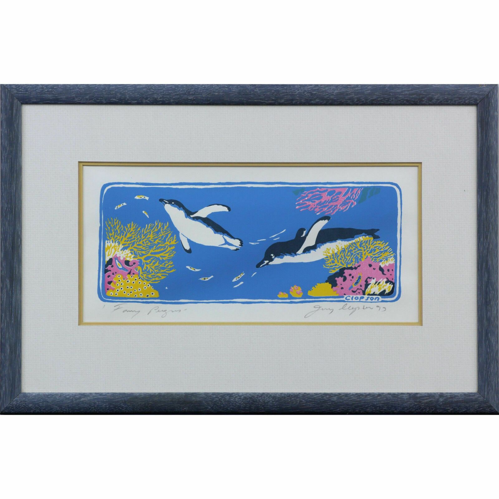Linocut By Jenny Clapson. Titled "Fairy Penguin"