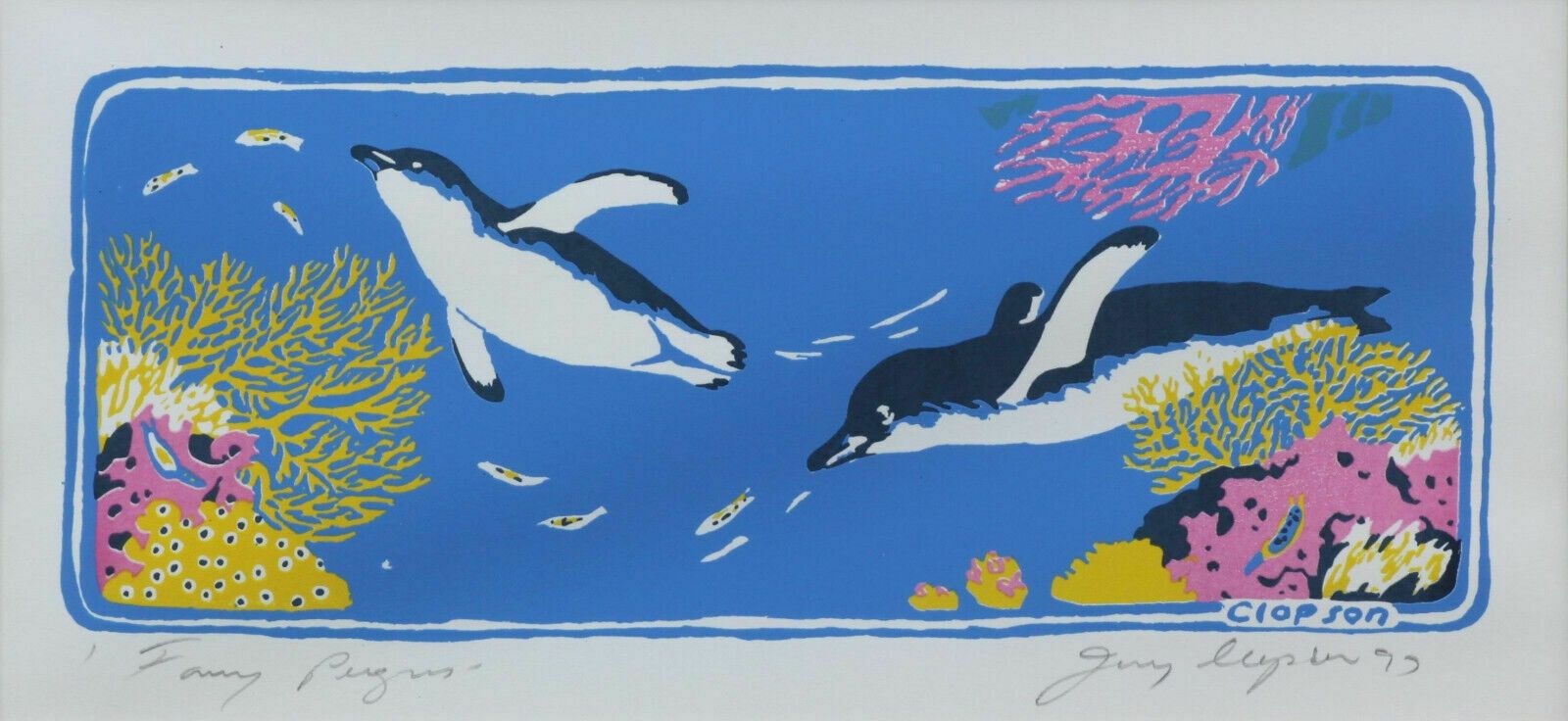 Linocut By Jenny Clapson. Titled "Fairy Penguin" photo furniture