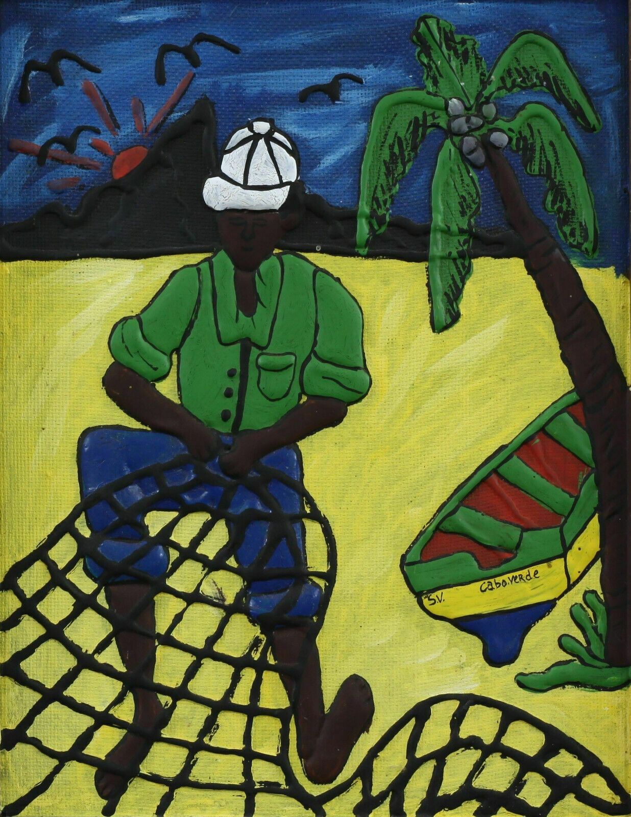 Mixed Media On Board Showing A Fisherman Mending His Nets In Cape Verde photo furniture