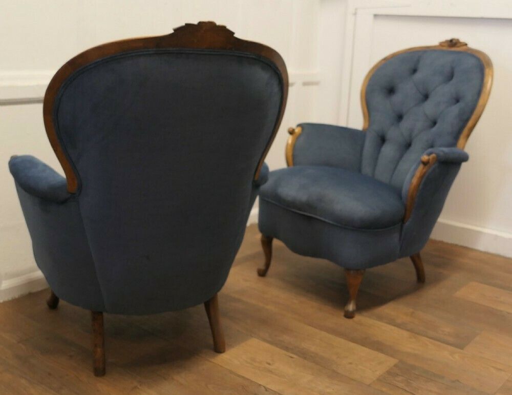 Pair Of French Blue Button Back Salon Chairs