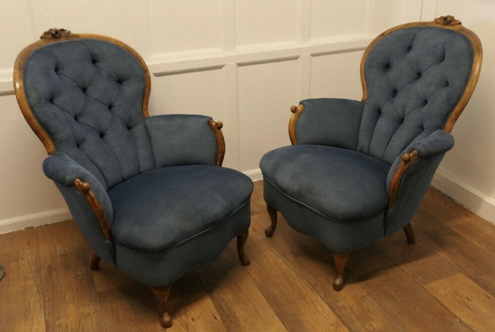 Pair Of French Blue Button Back Salon Chairs photo for sale